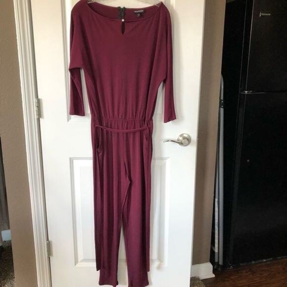 NINA LEONARD Jumpsuit Womens Medium M Wine Red Stretch Waist Belted Half Sleeve - Picture 1 of 10